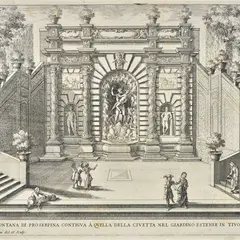 Fontana di Proserpina contigua a quella della Civetta nel Giardino Estense in Tivoli by Giovanni Francesco Venturini, Tavola tratta da Giovanni Battista Falda - Francesco Venturini, offered Mar 2022