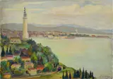 Nuzzi Chierego Ivancich, Lakeside town with lighthouse, Signature lower right.