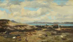 Valerio Laccetti, Lake landscape with shepherd and goats, Signature lower right.