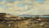Valerio Laccetti, Lake landscape with shepherd and goats, Signature lower right.