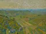 Ottorino Bicchi, View of the countryside with the sea in the background, Signature top left and bottom left.