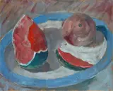 Pio Semeghini, Still life with watermelon and onion on plate