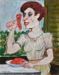 Spaghetti eater by Giuseppe Migneco, Sign at the bottom to the left. Authentication of the author on photo with Galleria Pace stamp and n., offered Dec 2021