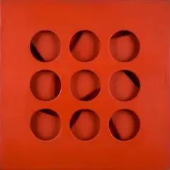 Paolo Scheggi, Intersuperficie curva rossa, Sul verso: firma e titolo; etichetta e timbro Colossi Arte Contemporanea