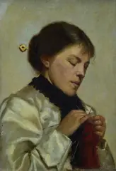 Pio Joris, Woman crocheting, Signature lower right.