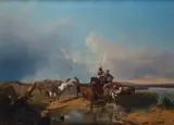 András Markó, Landscape with butteri on horseback, 1868, Signature and date lower right. Coeval perforated frame in gilded and carved wood.
