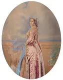 Floriano Pietrocola, Portrait of Maria Adelaide of Habsburg - Lorraine with the Gulf of Naples in the background, Sign at the bottom to the left.