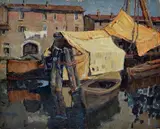 Arturo Panizzi, Barche a Livorno (fronte), Mucca al pascolo (retro), Sul verso a penna: "Panizzi".