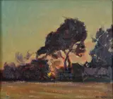 Giulio Cesare Vinzio, Pine forest at sunset, Signature lower right.