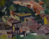 Arturo Checchi, Landscape with houses, Signature lower right. On the reverse: Collezione Comm. Ezio Casamonti label
