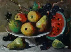 Fruit basket by Corrado Michelozzi, Abbreviation lower left. On the reverse: signature., offered Sep 2021