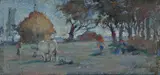 Guido Somelli, Landscape with haystack figures, Signature lower right.