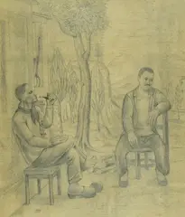 Study for resting peasants by Ubaldo Oppi, 1920, Preparatory drawing for "Les hommes se reposent" of, offered May 2021