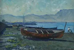 Landscape with boat aground by Alberto Chiancone, Signature lower right. & Nbsp;, offered May 2021
