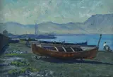 Alberto Chiancone, Landscape with boat aground, Signature lower right. & Nbsp;