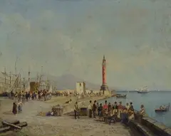 Pasquale Mattej, Pier with lighthouse and figures, 1845, Signature and date lower right.