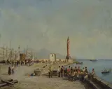 Pasquale Mattej, Pier with lighthouse and figures, 1845, Signature and date lower right.