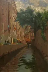 Gaetano Capone, Houses on the canal, Oil painting on canvas