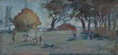 Landscape with haystack figures by Guido Somelli, Signature lower right., offered May 2021