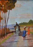 Nino Della Gatta, Road with cart and figures, Signature lower right and on the reverse.