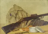 Gianfranco Campestrini, Still life with rifle, Signature lower right. On the reverse: label II International Colonial Art Exhibition - Naples -