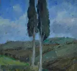 Bruno Martini, Landscape with cypresses, Signature lower right.
