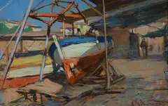 Boat under repair by Giorgio Luxardo, Signature lower right. On the reverse: signature and title., offered Apr 2021