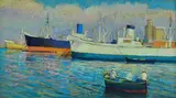 Nello Giovannelli, Boats in the harbor, Signature lower right.