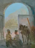 Guido Guidi, Stable with horse and grooms, Sign at the bottom to the left.