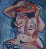 Emanuel Pryl, Naked woman in red hat, Signature top right. On the reverse: Ustredni Svaz Csvytvarnych Umelco label with work data.