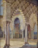 Julio Montenegro, Arab cloister, 1884, Signature and date lower right. On the reverse: stamps and labels from the collection.