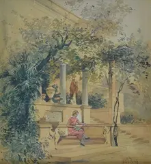 Pio Joris, Pastime in the garden, Signature lower right. On the reverse
