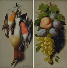 Michelangelo Meucci, Still lifes with fruit and game, Pair of signed paintings.