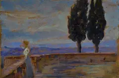 Landscape with terrace and figure by Francesco Gioli, Signature lower right., offered Mar 2021
