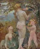Henry-Eugène Delacroix, Female nudes and putto (forehead); Male portrait (back), 1920, Signature and date on the lower right front.