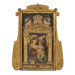 Workshop of Antonio Rossellino (Settignano 1427 - Firenze 1479), Madonna with Child (known as “dell’Ermitage” type), circa 1470, painted in polychromy and gold stucco reflief, 87x49 cm, within a 16th by Antonio Rossellino, Workshop of Antonio Rossellino (Settignano, offered Oct 2023