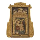 Antonio Rossellino, Workshop of Antonio Rossellino (Settignano 1427 - Firenze 1479), Madonna with Child (known as “dell’Ermitage” type), circa 1470, painted in polychromy and gold stucco reflief, 87x49 cm, within a 16th, Workshop of Antonio Rossellino (Settignano