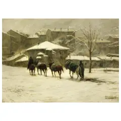 Snow-Covered Town by Giuseppe Gheduzzi, oil on plywood, offered Oct 2023