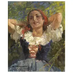 Peasant Girl by Cipriano Mannucci, oil on cardboard, offered Oct 2023