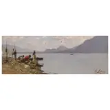 Giovanni Lomi, Laundresses At The Lake, oil on cardboard canvas