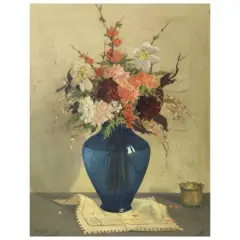Giovanni Lomi, Flowers In The Blue Vase, oil on masonite