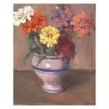 Pot With Zinnias by Ludovico Tommasi, oil on cardboard, offered Oct 2022