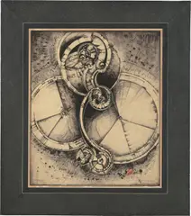 Robert Michel, Empfang in Amerika, 1918, Tusche, Deckweiß und Collage auf Karton, vom Künstler auf Holz aufgezogen