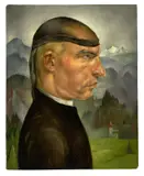 Albert Birkle, Selbstbildnis mit der Frisierhaube, 1923, Öl auf Karton, auf Karton aufgezogen