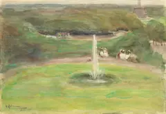 Max Liebermann, Blick aus dem Atelier auf den Königsplatz und die Siegessäule, 1895, Aquarell und Deckweiß auf Papier, auf Karton aufgezogen