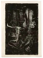 Georg Baselitz, Sitzender Mann, Arme über dem Kopf, 1977, Linolschnitt, schwarze Ölfarbe auf Zeichenkarton