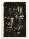 Georg Baselitz, Sitzender Mann, Arme über dem Kopf, 1977, Linolschnitt, schwarze Ölfarbe auf Zeichenkarton