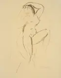 Wilhelm Lehmbruck, Mädchenakt mit aufgestemmtem linken Bein, 1914, Tuschfeder und Bleistift auf Papier, auf Japan aufgezogen