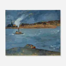 Looking Towards Roosevelt Island by Gershon Benjamin, gouache on paperboard, sold Dec 2022