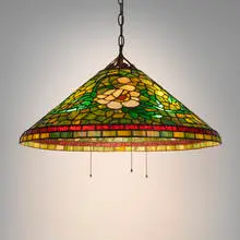 attribution Handel, Hanging fixture, c. 1910, leaded glass, patinated bronze